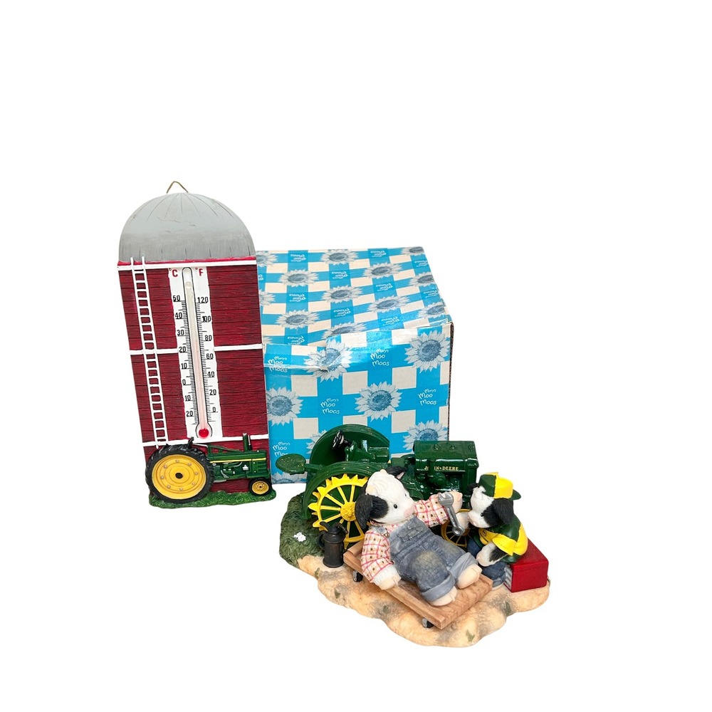 Mary's Moo Moos John Deere Figurine & Silo Thermometer Set Enesco 107920